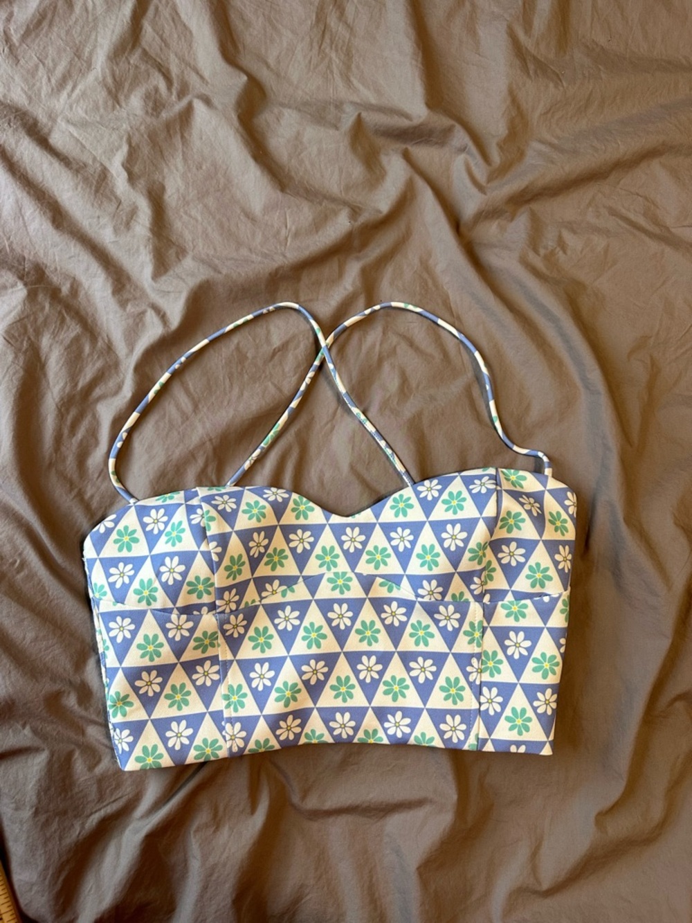 Zara Blue White Daisy Geometric Print 70’s Crop Top Womens Size Medium Retro